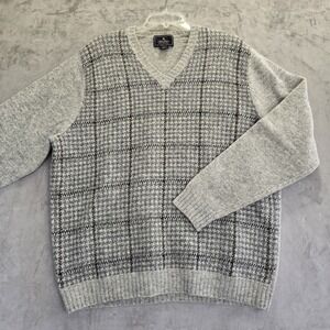 Brooks Brothers Men's Shetland Wool V Neck Pullover Sweater Size XL Gray Plaid